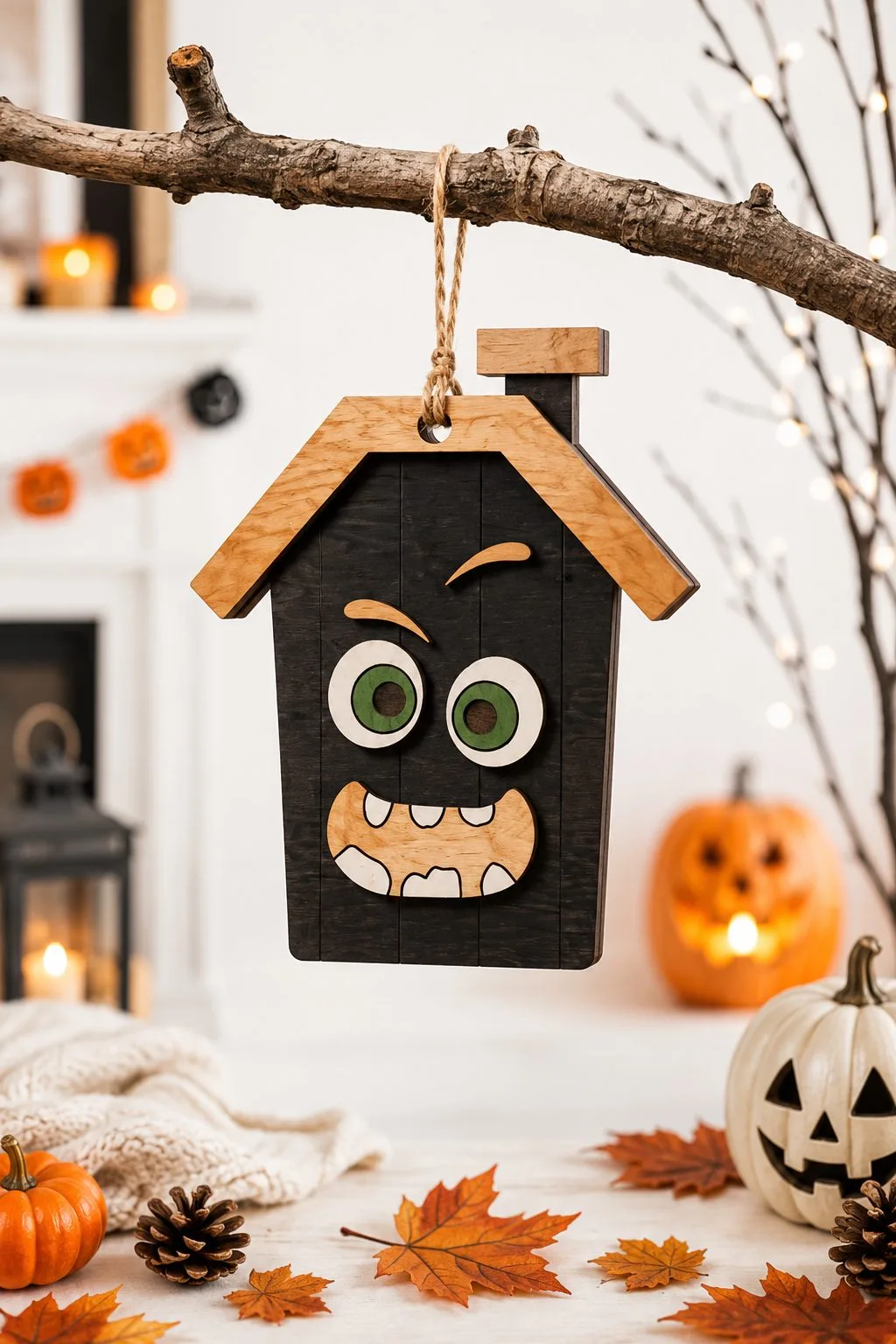 Dark wooden house ornament with green eyes, a raised brow and a toothy grin, spooky season laser cut SVG from svgdiy.com