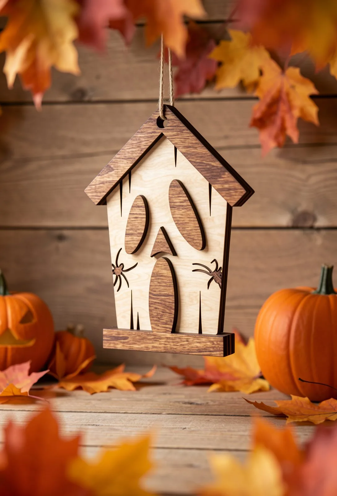 Pale wooden house ornament with a ghost face cut through it and two engraved spiders, spooky season laser cut SVG from svgdiy.com