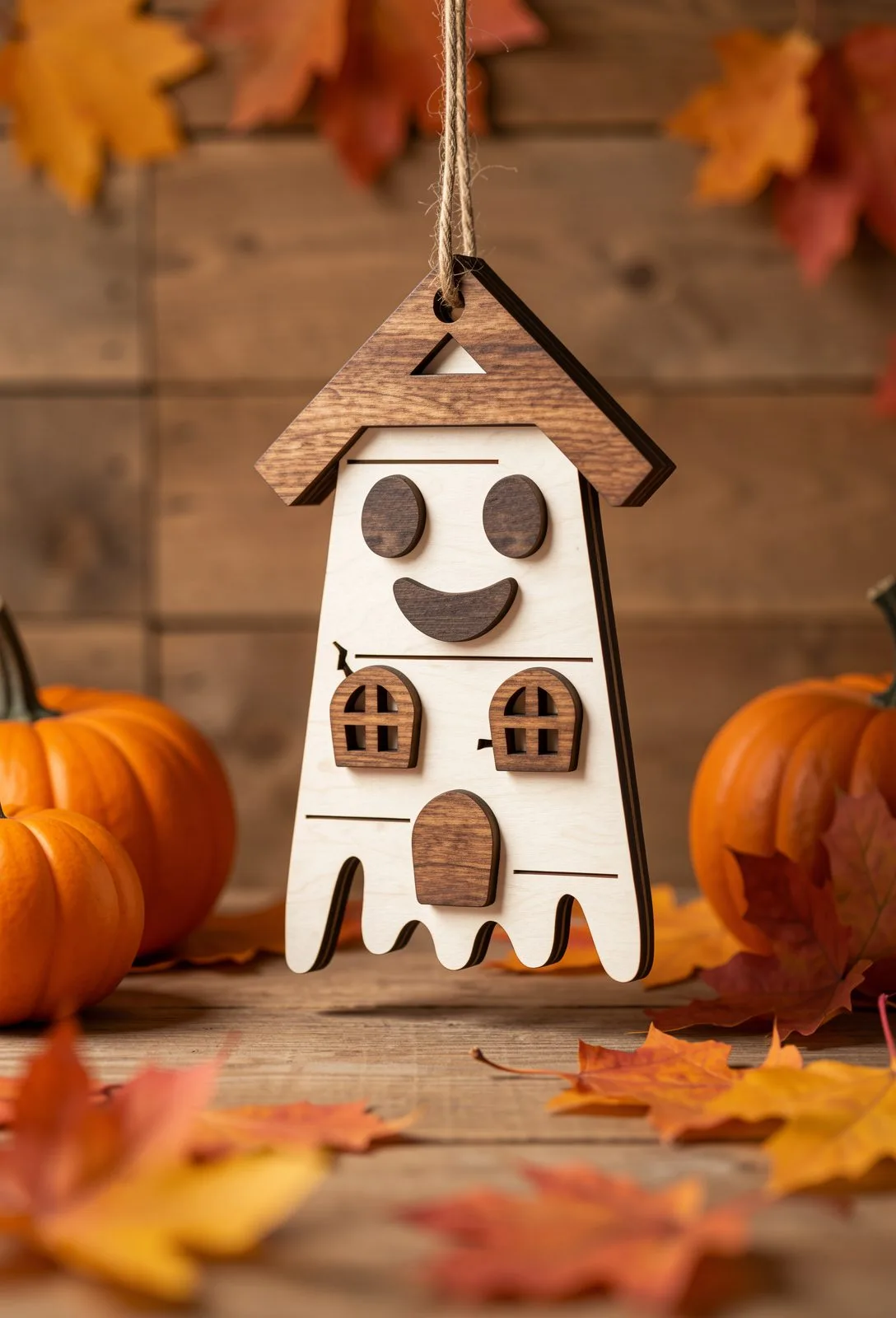 Pale wooden house ornament with a ghost tail bottom edge, round eyes and arched windows, spooky season laser cut SVG from svgdiy.com