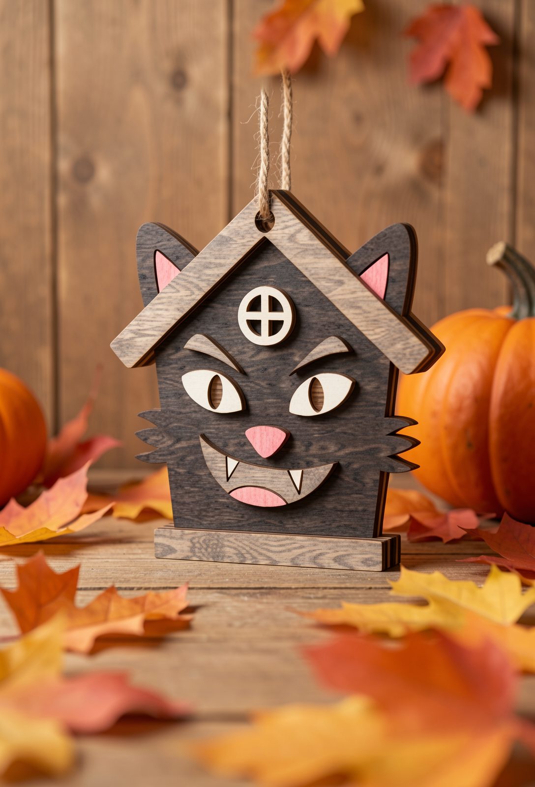 Grey wooden house ornament shaped as a cat with pink ears, whiskers and fangs, spooky season laser cut SVG from svgdiy.com