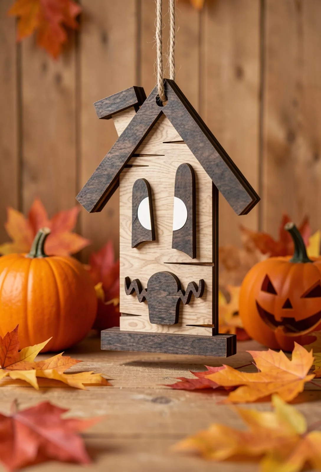 Pale wooden house ornament with a crooked roof, wide startled eyes and a zigzag mouth, spooky season laser cut SVG from svgdiy.com