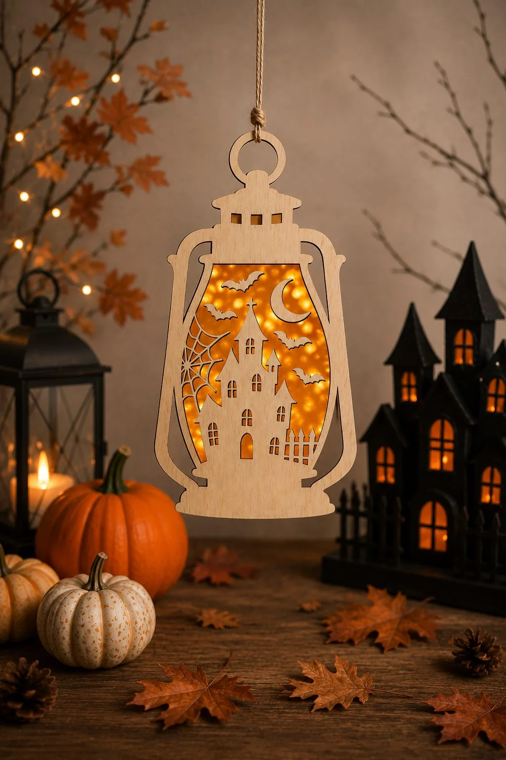 A hanging wooden lantern panel with a haunted house, a spiderweb, bats and a crescent moon, free laser cut lantern SVG from svgdiy.com