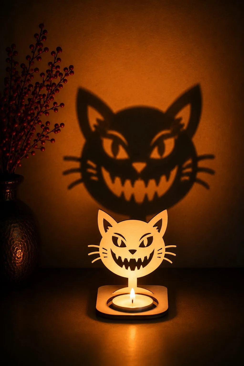 Wood tealight holder shaped as a cat face throwing a large grinning shadow on the wall, Halloween cat laser cut SVG from svgdiy.com