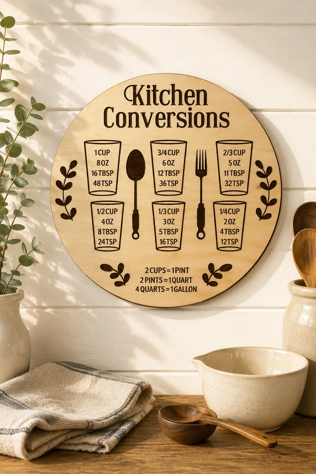 A round wooden conversions sign with six engraved measuring glasses, a spoon and a fork, hanging above a kitchen sideboard, free laser cut SVG from svgdiy.com