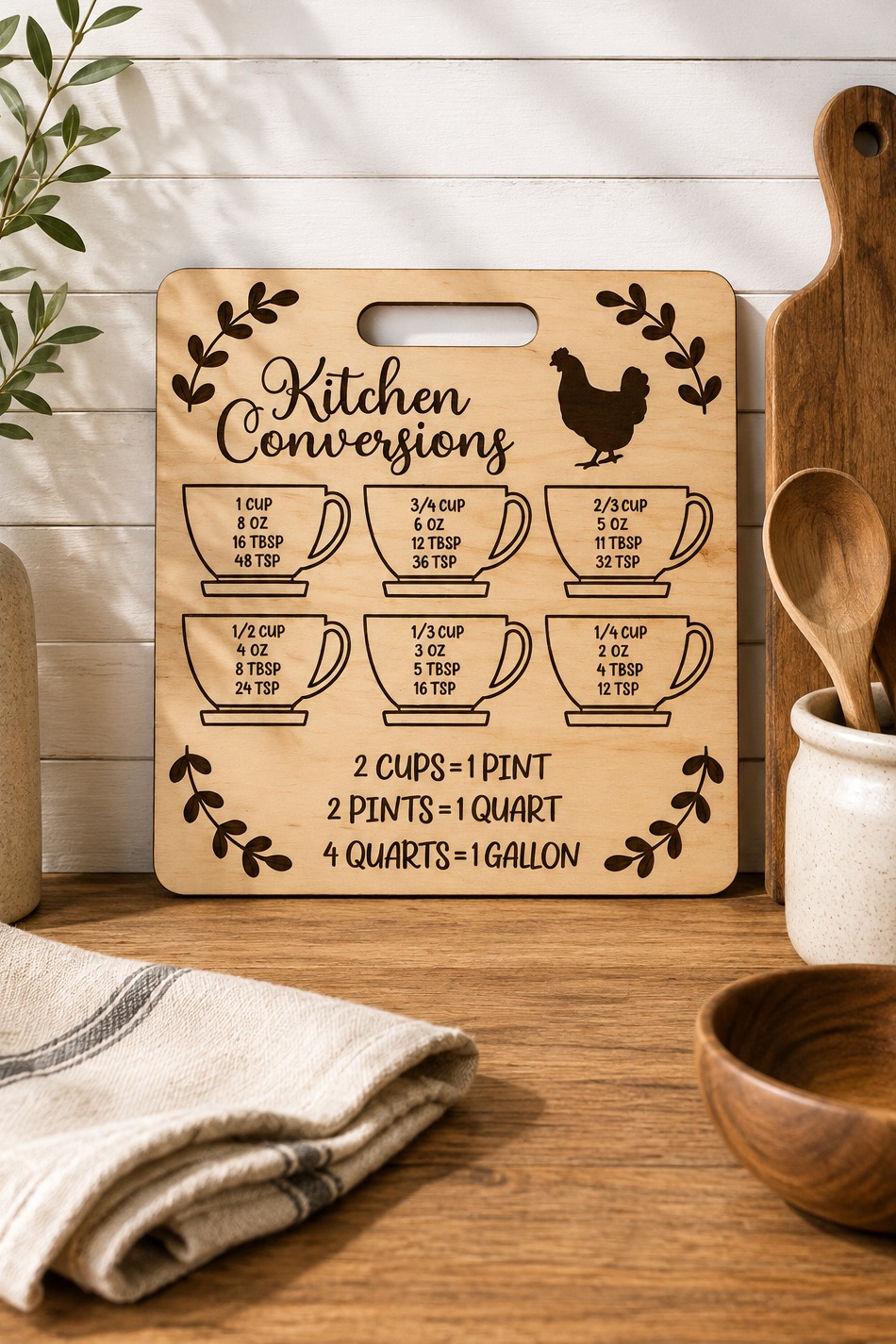 A square wooden board with a cut-out handle, engraved measuring mugs, a hen and script lettering, standing on a kitchen counter, free laser cut SVG from svgdiy.com