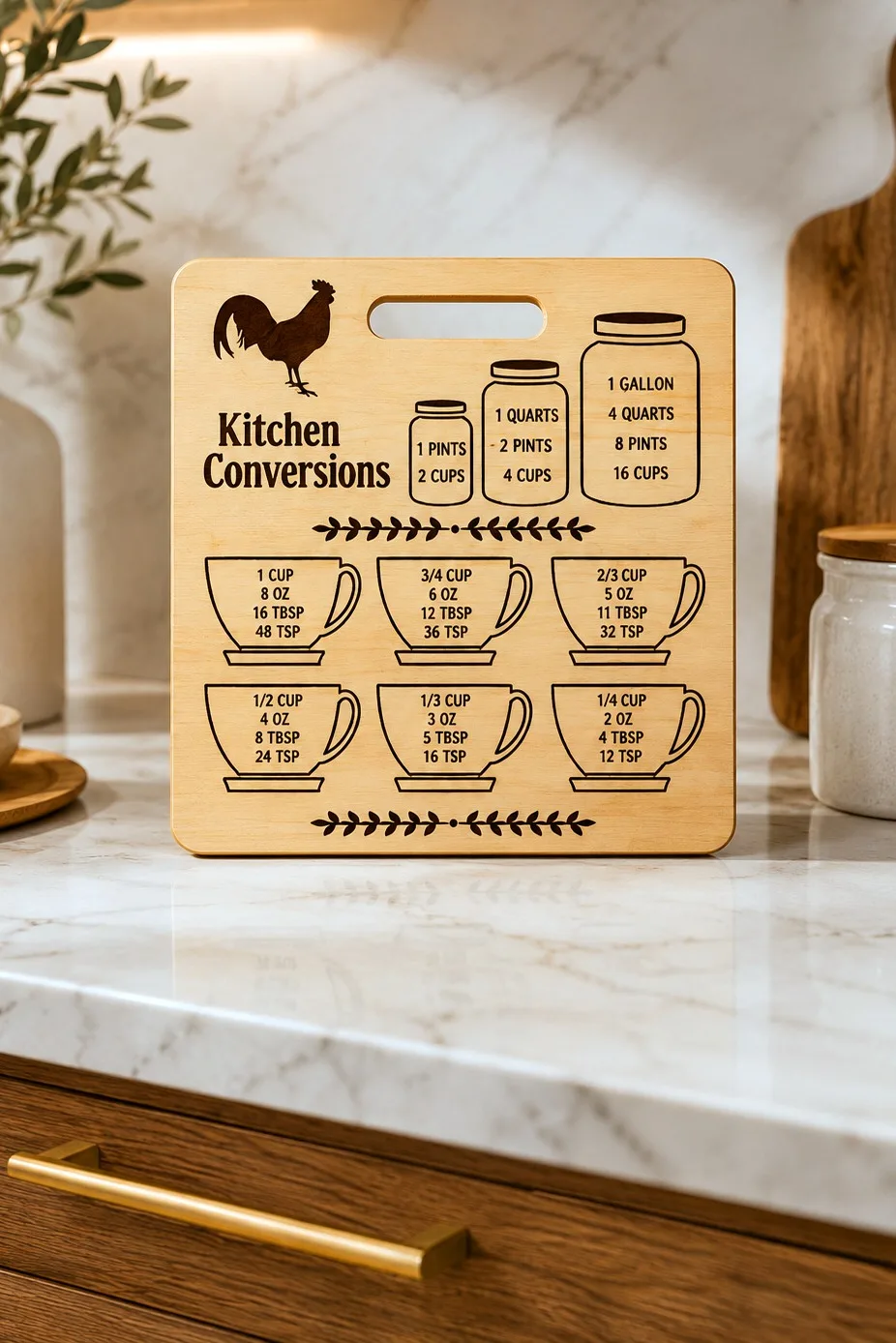 A square wooden conversions board with an engraved rooster, three mason jars and a table of measuring mugs, on a marble worktop, free laser cut SVG from svgdiy.com