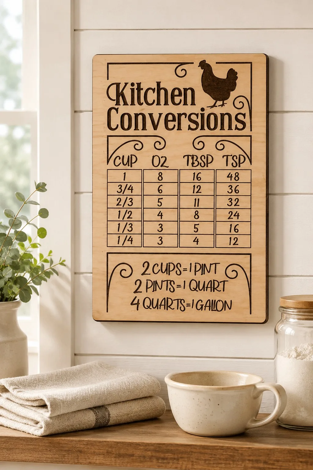A tall wooden kitchen conversions wall sign with a hen, a measurement table and scrollwork, on white shiplap above a counter, free laser cut Kitchen SVG from svgdiy.com