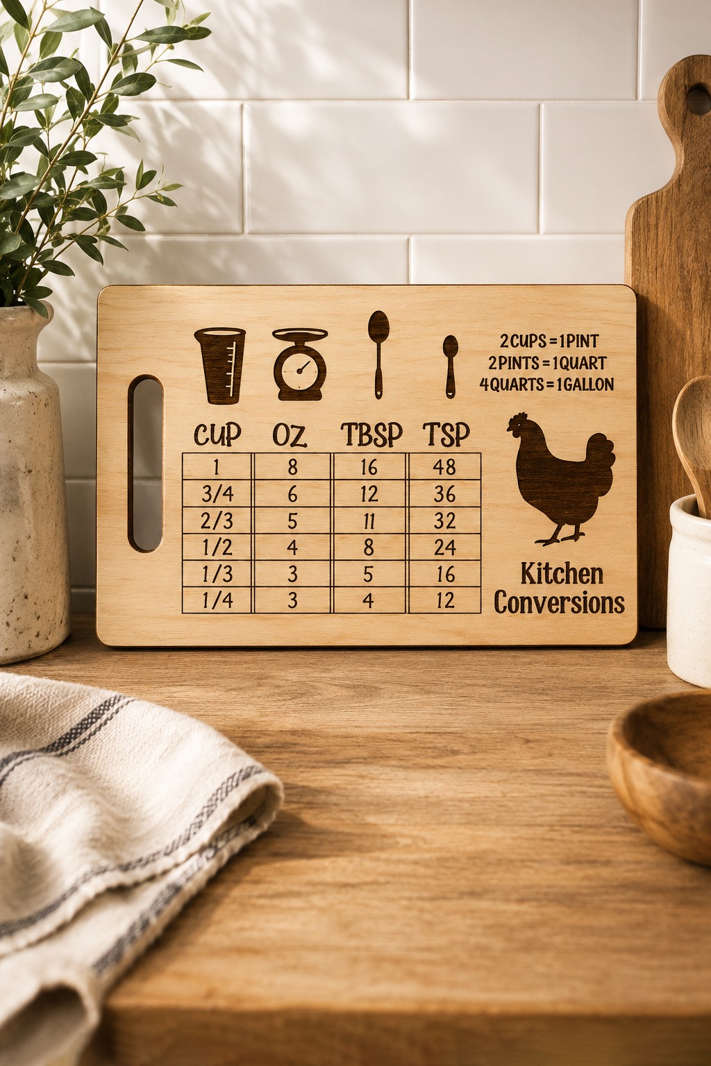 A landscape wooden conversions board with engraved scales, a measuring jug, spoons and a hen, standing against white tiles, free laser cut Kitchen SVG from svgdiy.com