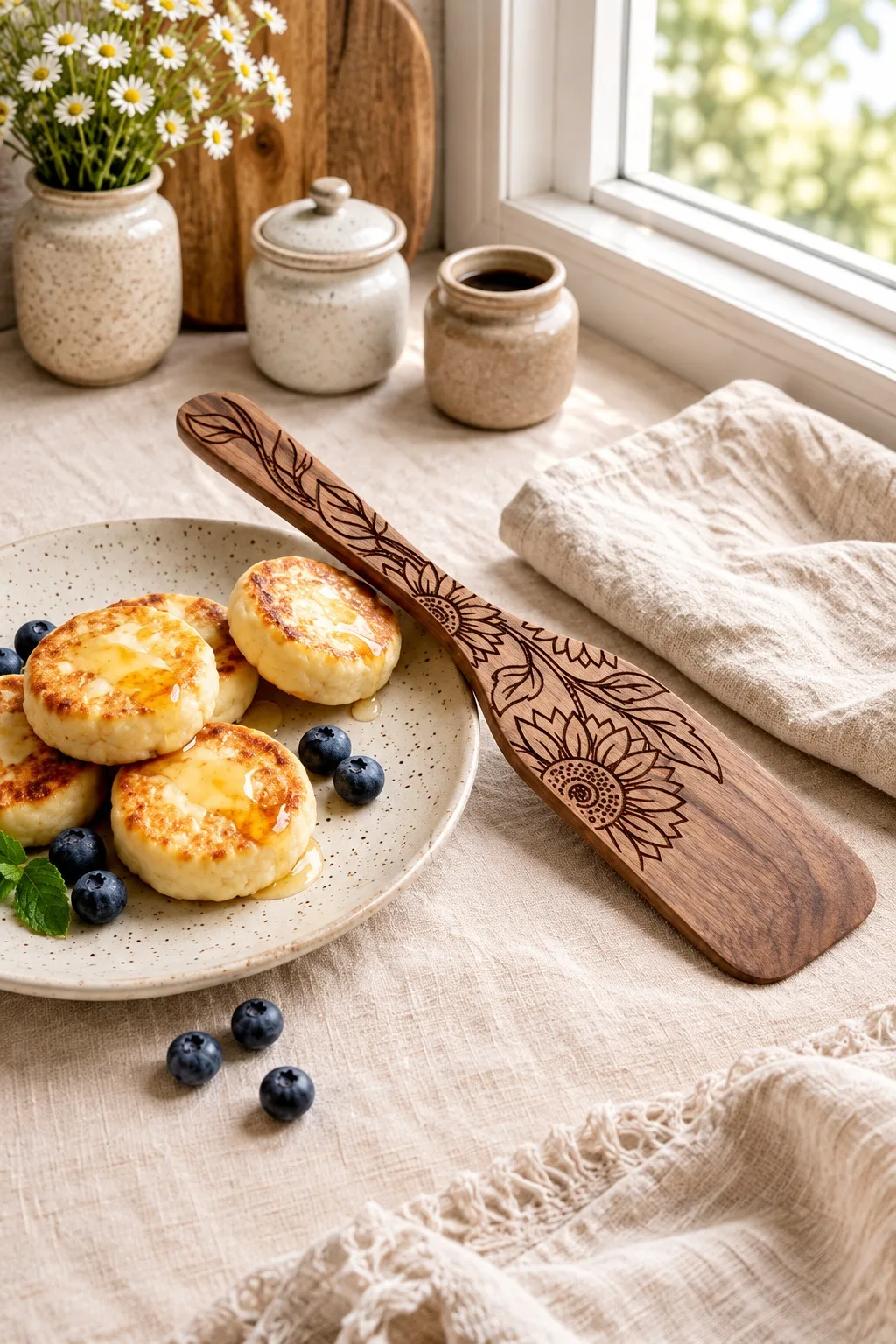 A dark wooden spatula engraved with sunflowers on a linen tablecloth beside pancakes and blueberries, free laser cut kitchen SVG from svgdiy.com