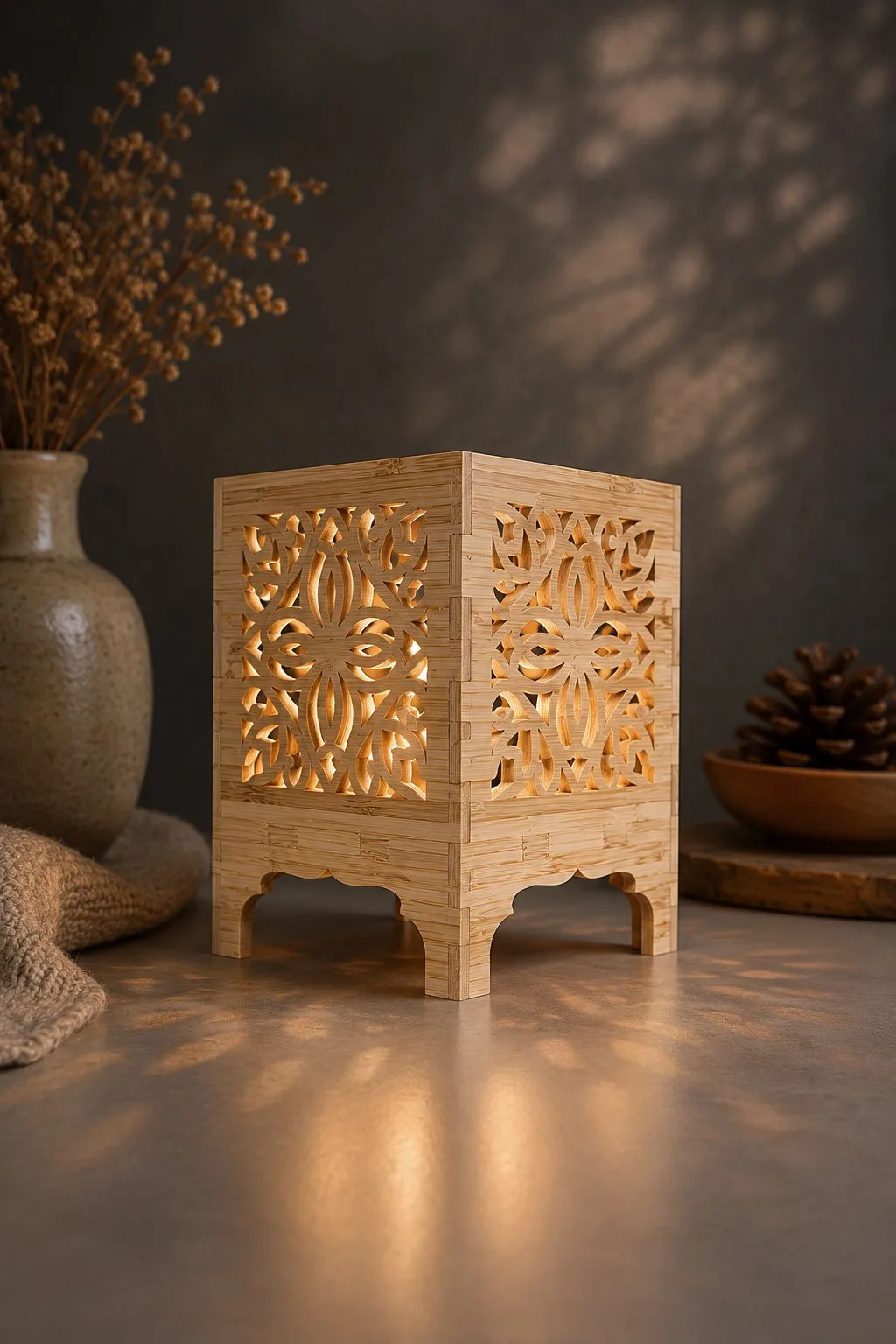 A second square fretwork lantern from the same set with a different panel pattern, lit from inside, free laser cut candle holder SVG from svgdiy.com