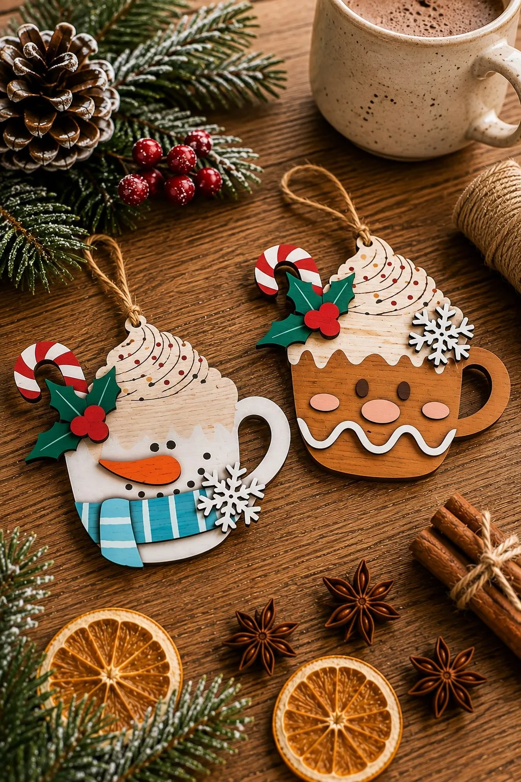 Two wooden cocoa mug ornaments, a snowman and a gingerbread one, laid on a table with cinnamon, star anise and dried orange, free laser cut SVG from svgdiy.com