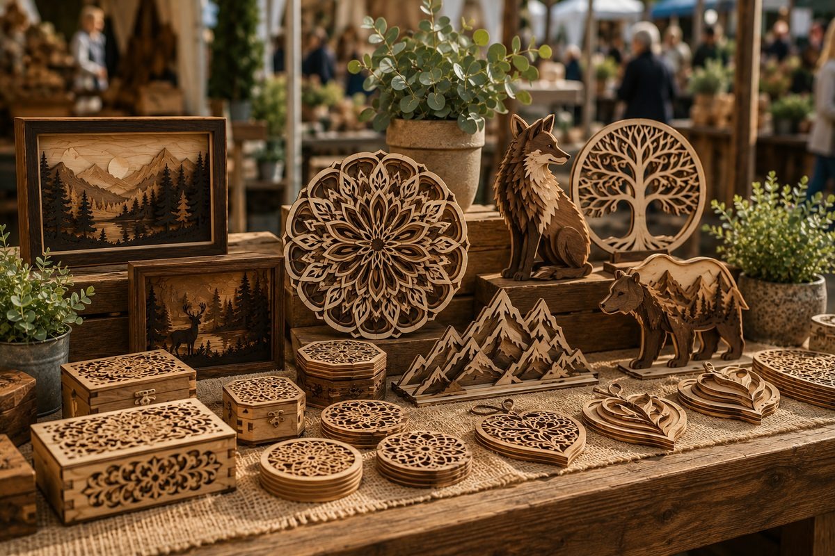 Laser cut wooden boxes, mandalas, animals and coasters laid out on a market table