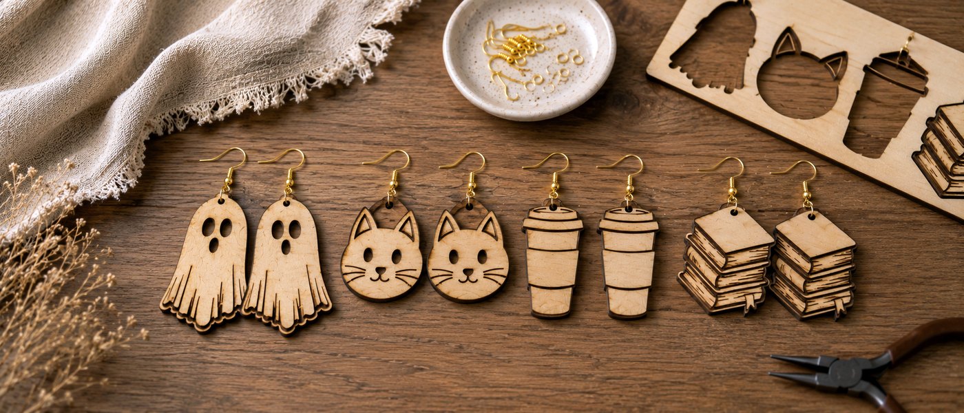 Four pairs of laser cut wooden earrings laid out on a workbench next to a dish of gold ear wires, a plywood offcut with the shapes cut out of it and a pair of pliers, laser cut earring SVG files from svgdiy.com