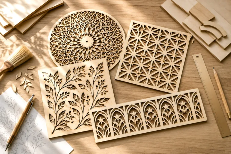 Laser cut plywood patterns on a workbench — mandala, geometric lattice, botanical panel and arch strip