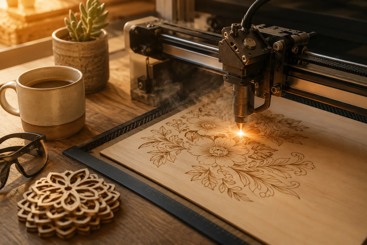A diode laser engraving a floral pattern on a plywood sheet, with cut wooden mandalas beside it
