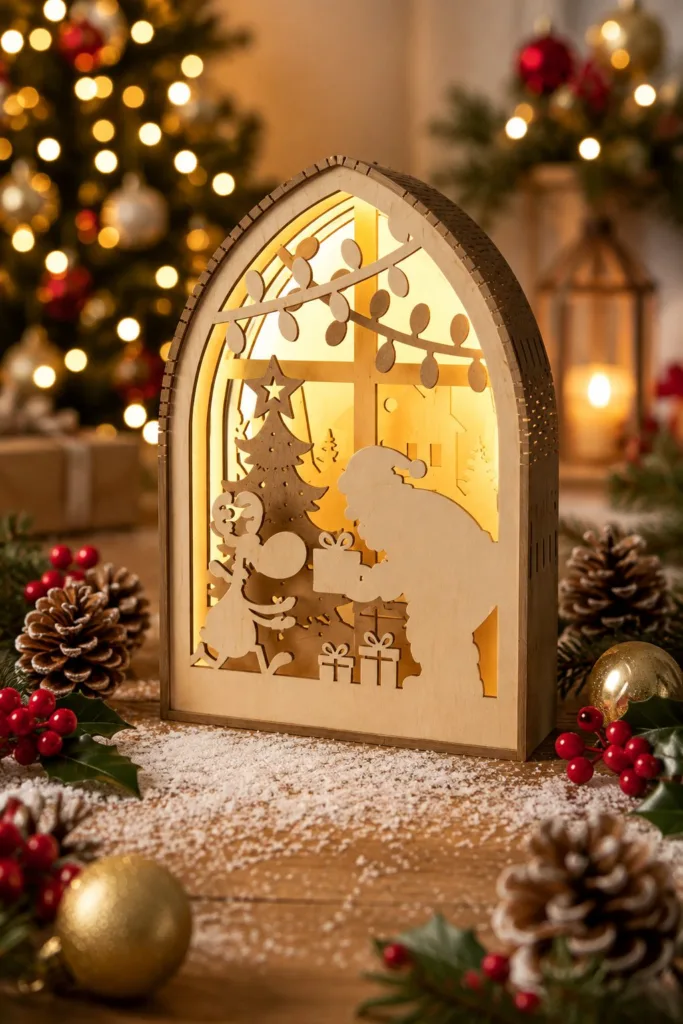 Wooden arched Christmas lantern with Santa holding out a present to a child beside a tree, lit from inside, free laser cut SVG from svgdiy.com