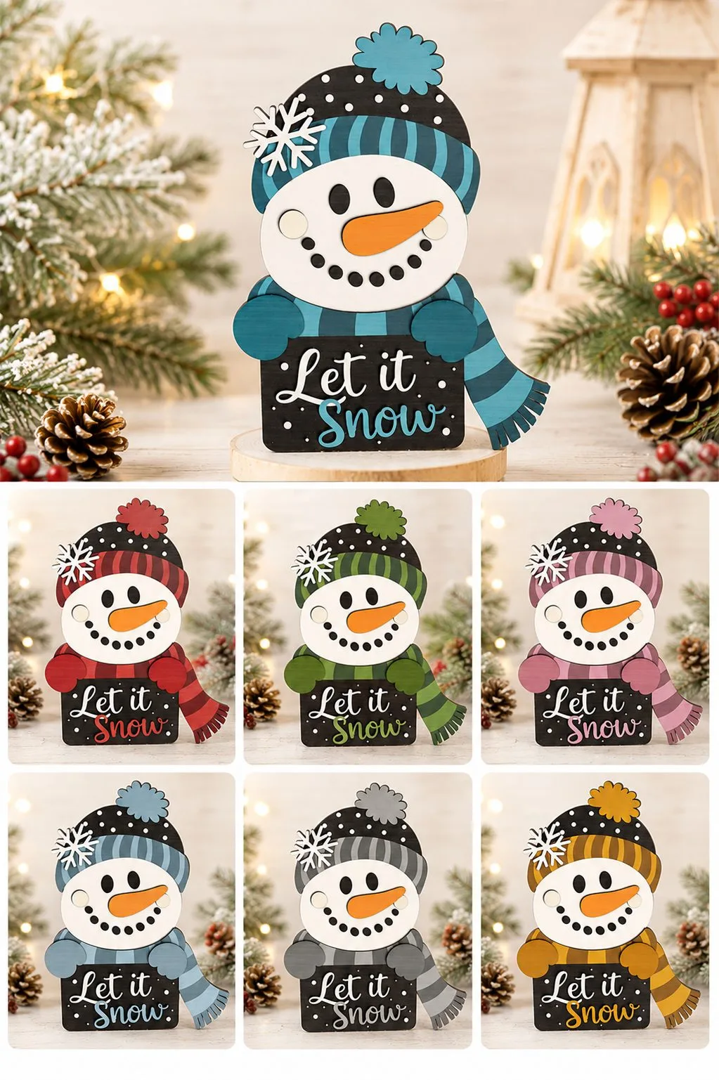 Seven colourways of the same wooden Let it Snow snowman with different hats, scarves and mittens, free laser cut SVG from svgdiy.com