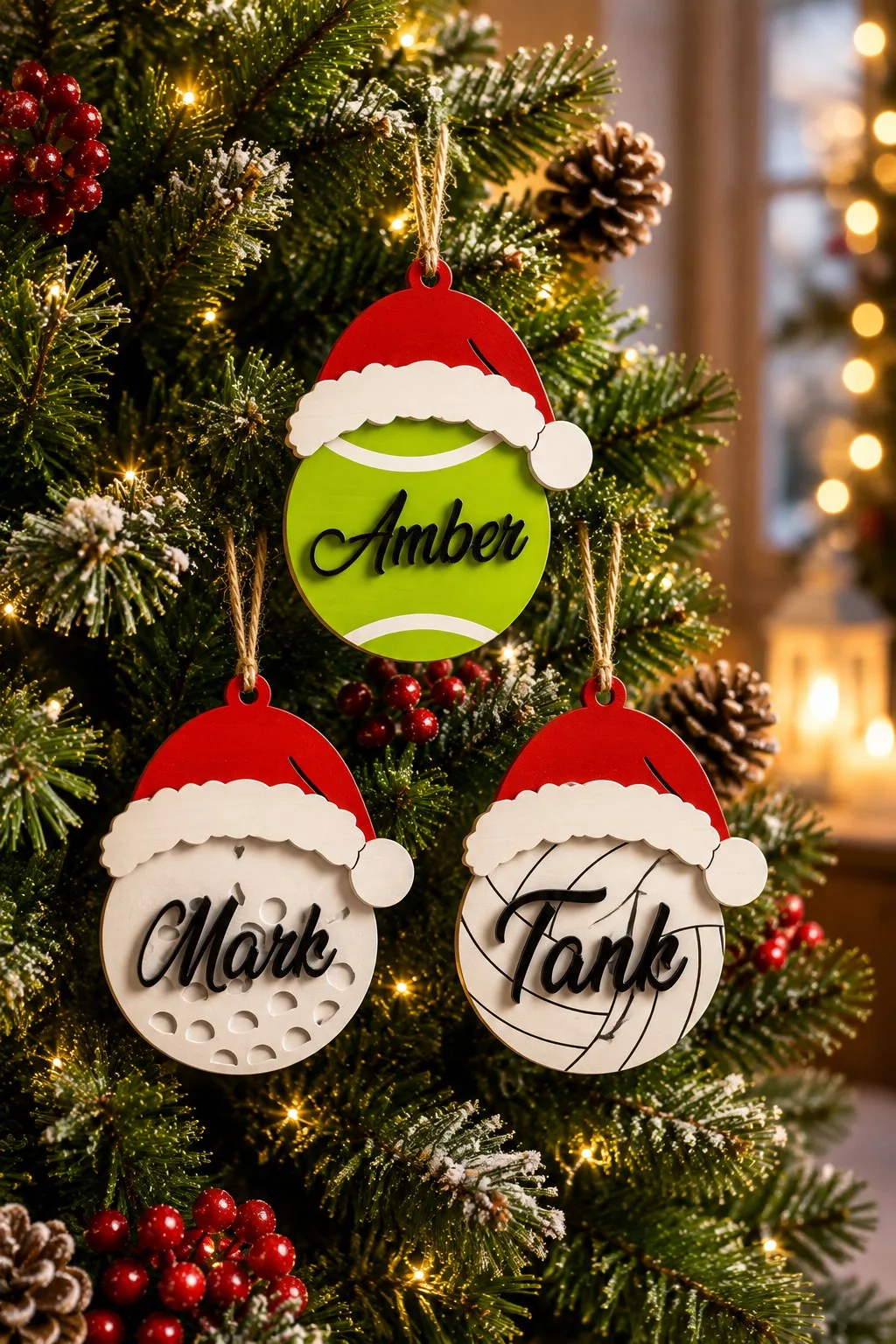 Wooden tennis, golf and volleyball ornaments in Santa hats with engraved names, free laser cut SVG from svgdiy.com