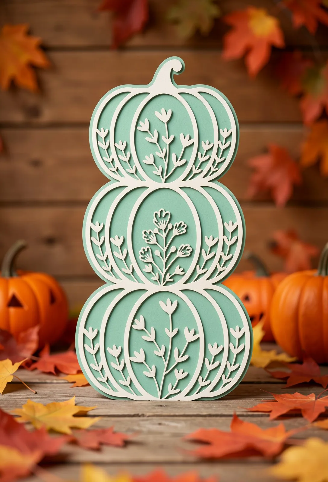 Mint green pumpkin stack with cream floral vines, pumpkin laser cut SVG from svgdiy.com