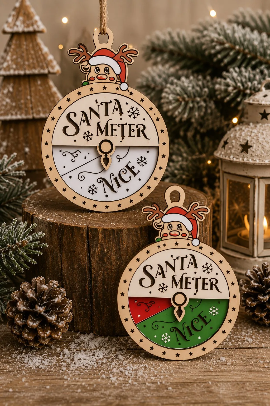 A round wooden Santa Meter ornament with a reindeer head over the top, snowflakes and a red and green dial with NICE, free laser cut SVG from svgdiy.com