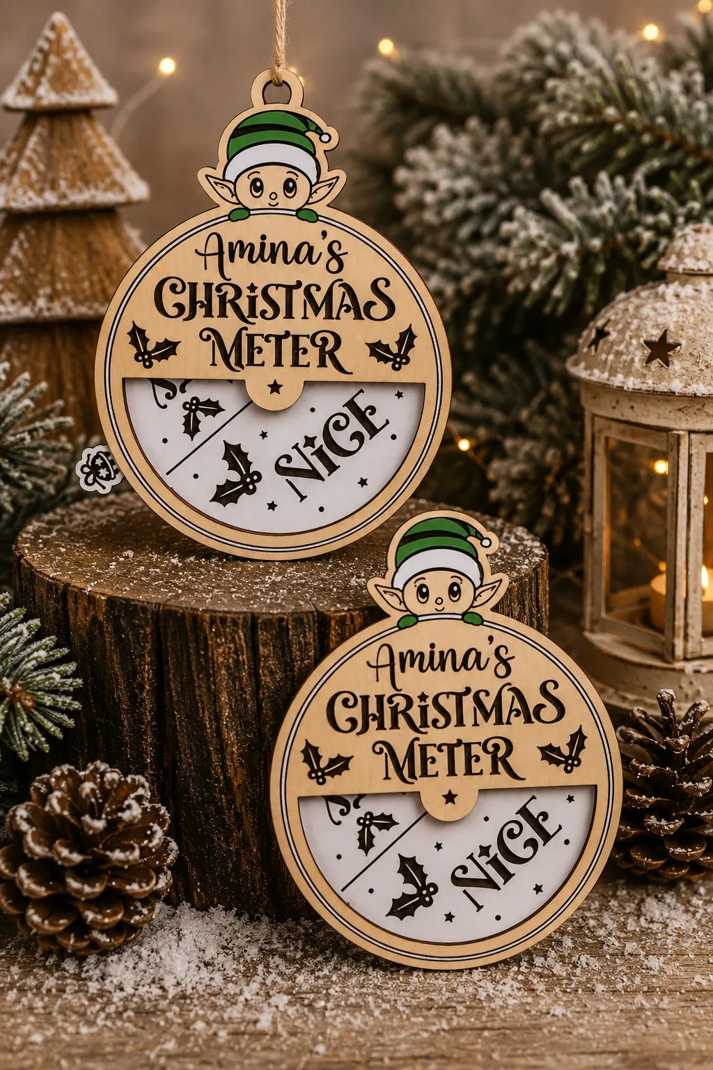 A round wooden Christmas Meter name ornament with an elf head over the top, holly leaves and a turning NICE dial, free laser cut SVG from svgdiy.com