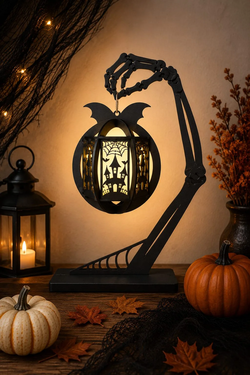 Skeleton hand stand holding a bat-winged lantern with a haunted house panel, lit warm yellow, spooky season laser cut SVG from svgdiy.com