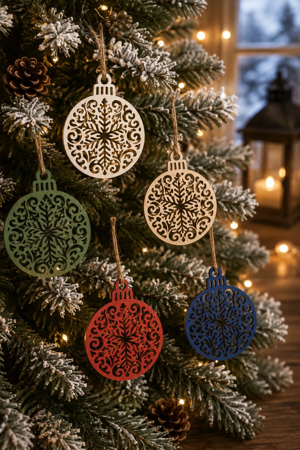 Wooden openwork Christmas baubles with cut snowflake and swirl patterns in cream, green, red and blue, free laser cut SVG from svgdiy.com