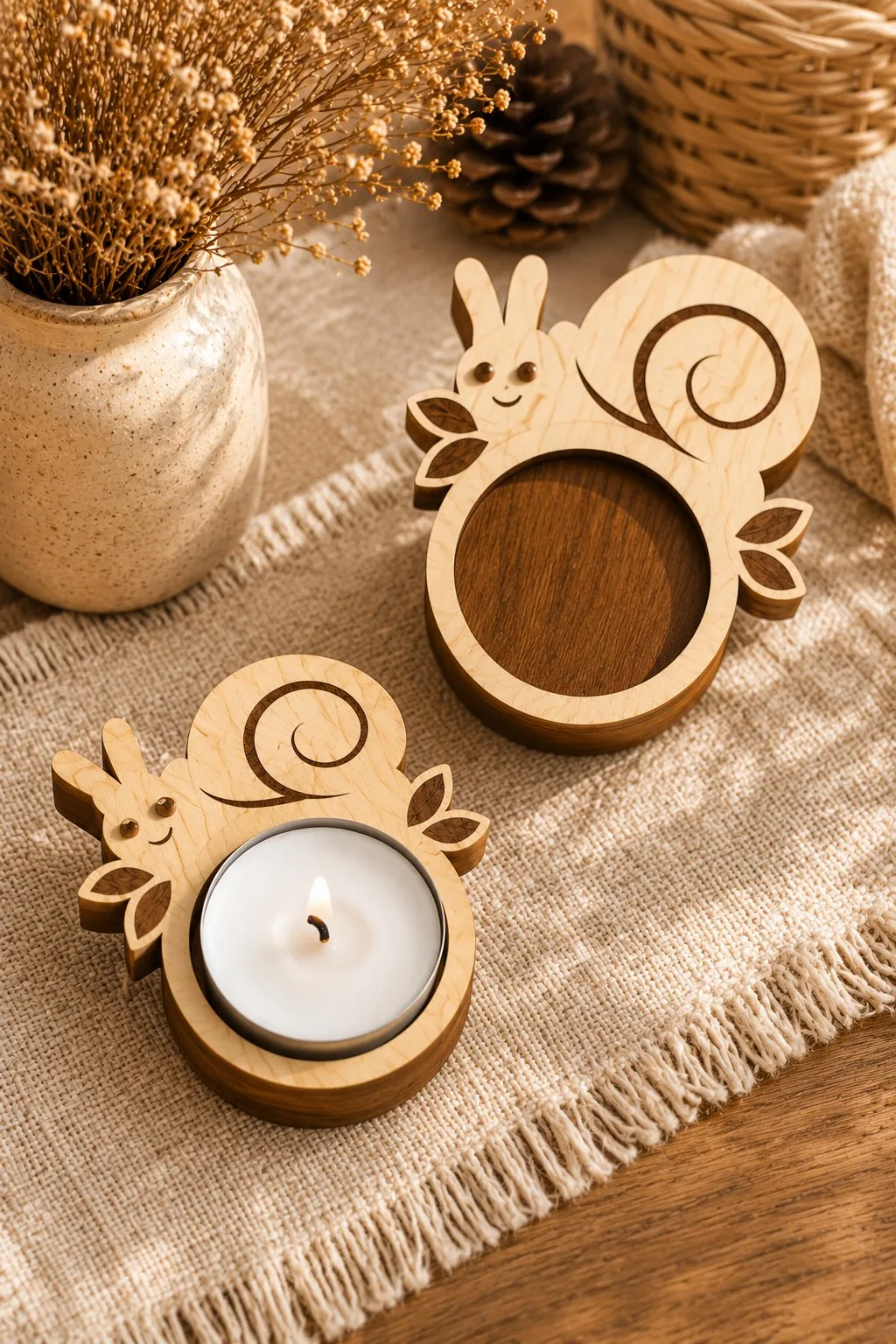 Flat wooden snail tealight holders with curled shells and a lit candle on linen, free laser cut candle holder SVG from svgdiy.com