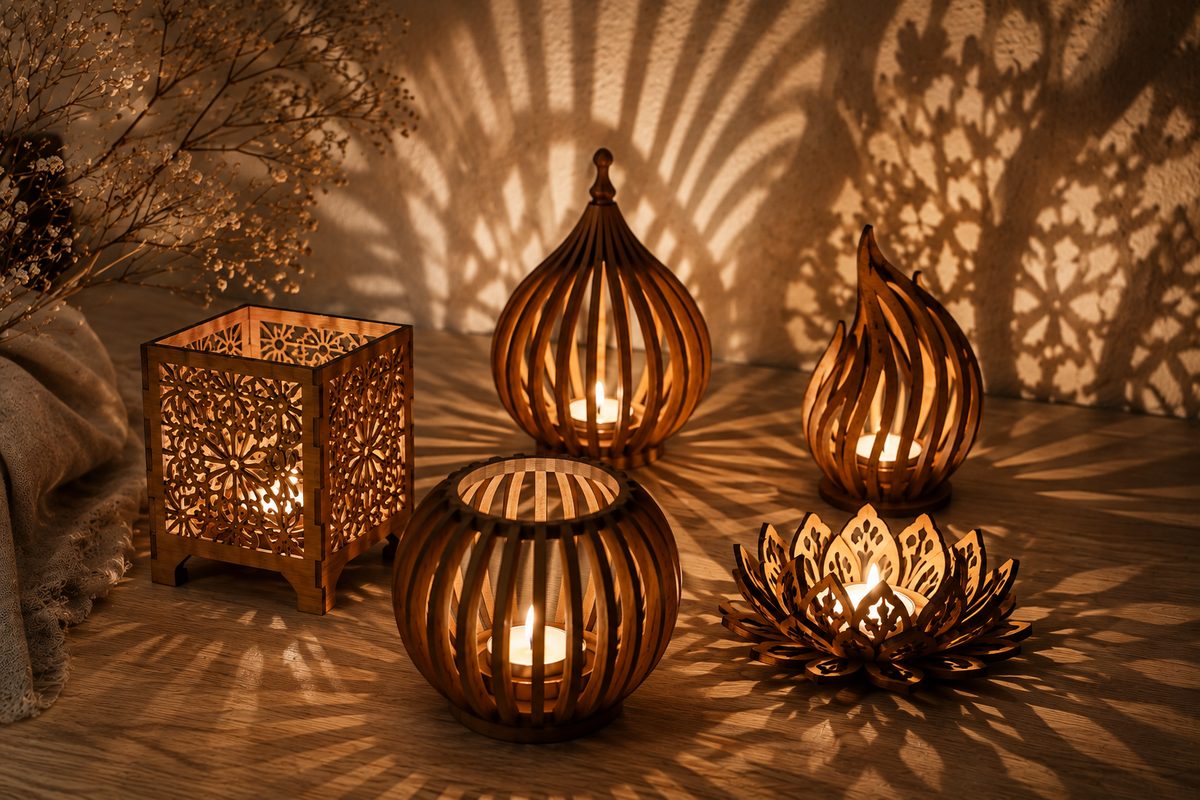 Five wooden laser cut candle holders glowing and throwing patterns on the wall