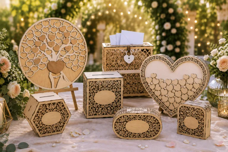 Laser cut wedding decor: a card box, a heart guest book and table pieces, free download link at svgdiy.com