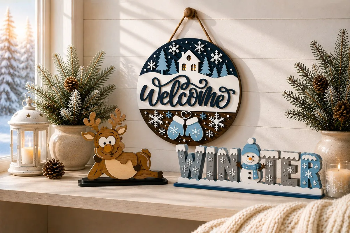 Winter Sign SVG: 9 Laser Cut Files, Layer by Layer