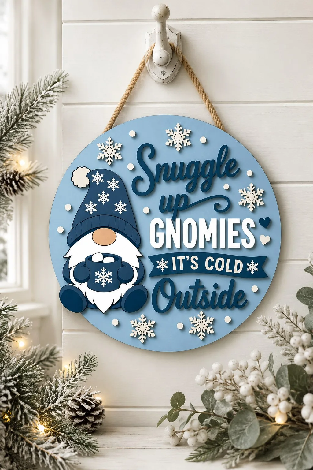 A round blue wooden gnome door sign hung on white siding beside frosted greenery, free laser cut SVG from svgdiy.com