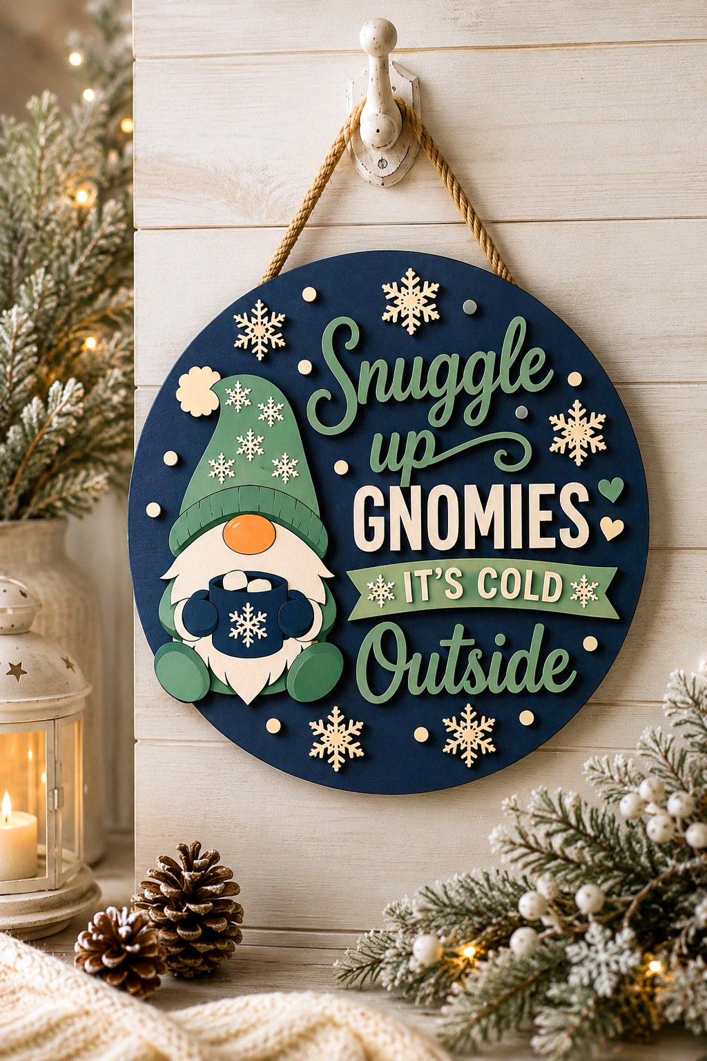 The same gnome door sign in a navy and green colourway, free laser cut SVG from svgdiy.com