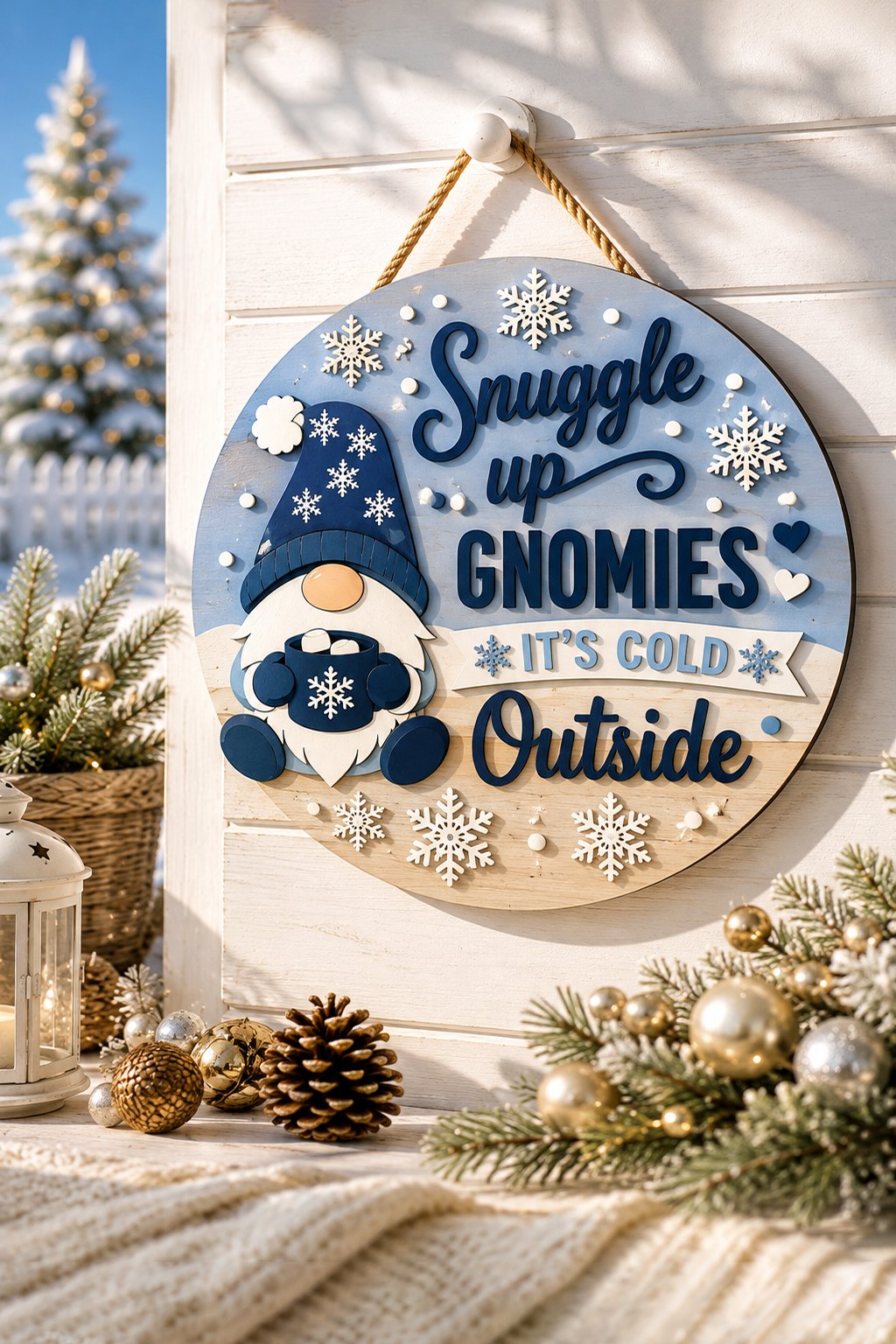 The same gnome door sign in pale blue over bare wood, free laser cut SVG from svgdiy.com