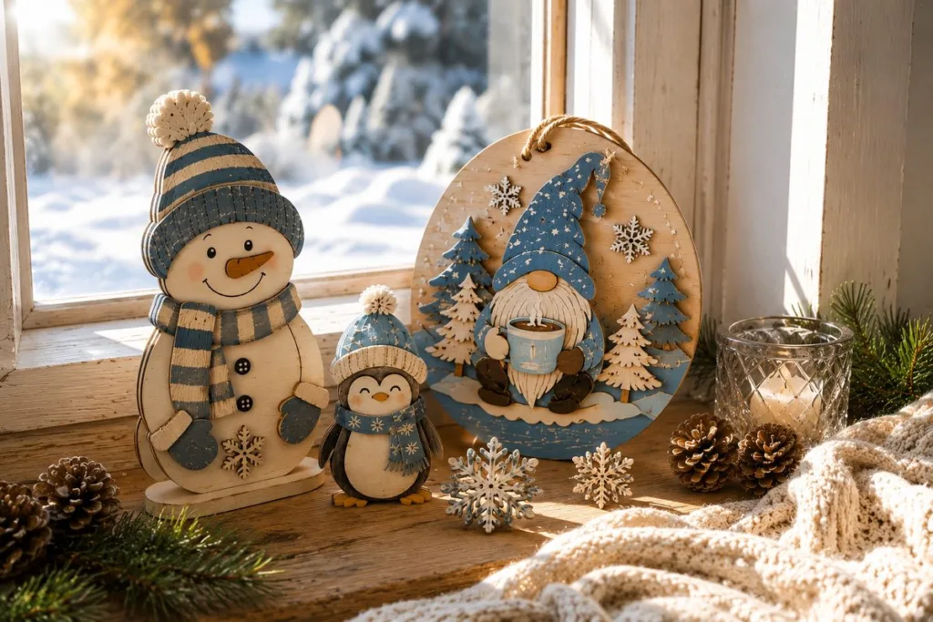 Laser cut plywood winter decor on a snowy windowsill: a snowman shelf sitter, a small penguin, a round gnome sign with a cocoa mug and carved snowflakes