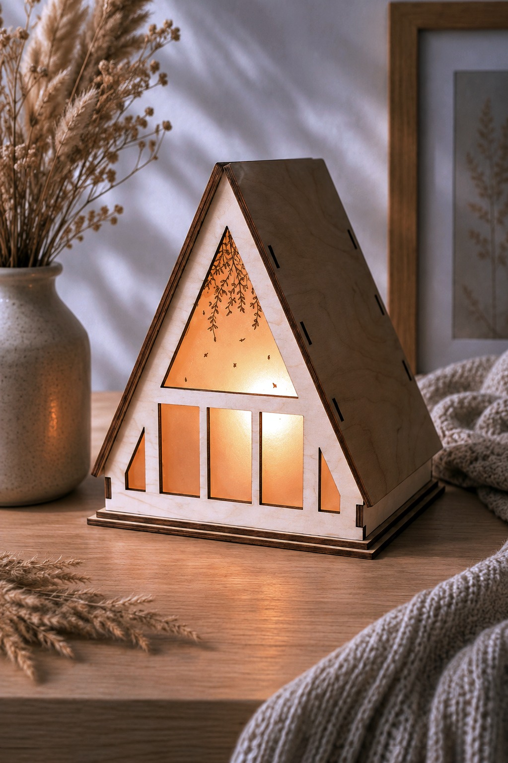 An A-frame lantern house with hanging branches and butterflies engraved on the lit triangular gable, free laser cut night light SVG from svgdiy.com