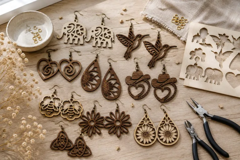 Nine pairs of laser cut wooden earrings laid out on a pale wood workbench beside a birch sheet with the shapes cut out, jump rings and jewellery pliers