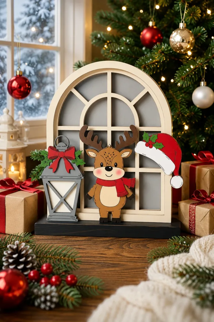 A standing wooden reindeer in a red scarf beside a lantern in front of an arched window frame with a Santa hat, free laser cut SVG from svgdiy.com