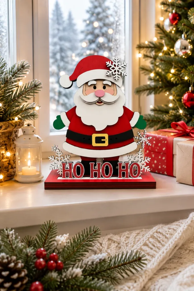 A standing wooden Santa on a red base that reads HO HO HO, on a snowy windowsill, free laser cut SVG from svgdiy.com