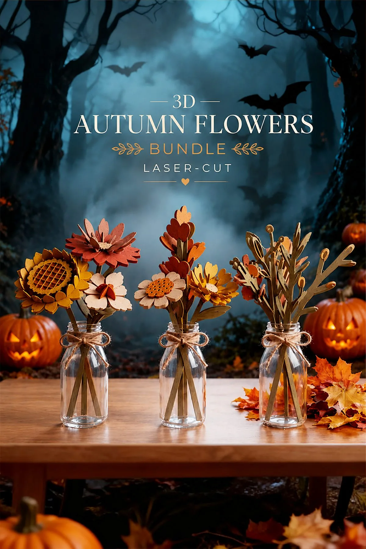 3D Autumn Flowers in a Jar — SVG laser cut file
