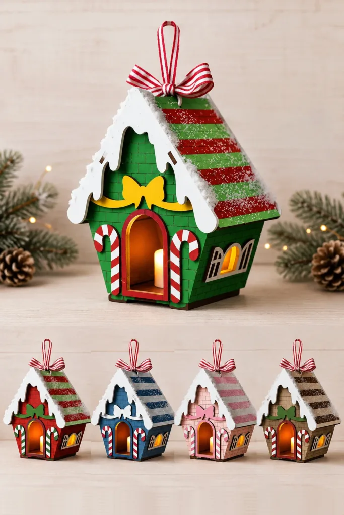 A green wooden Christmas house ornament with a striped roof and candy canes by the glowing door, with four more colourways below, free laser cut SVG from svgdiy.com
