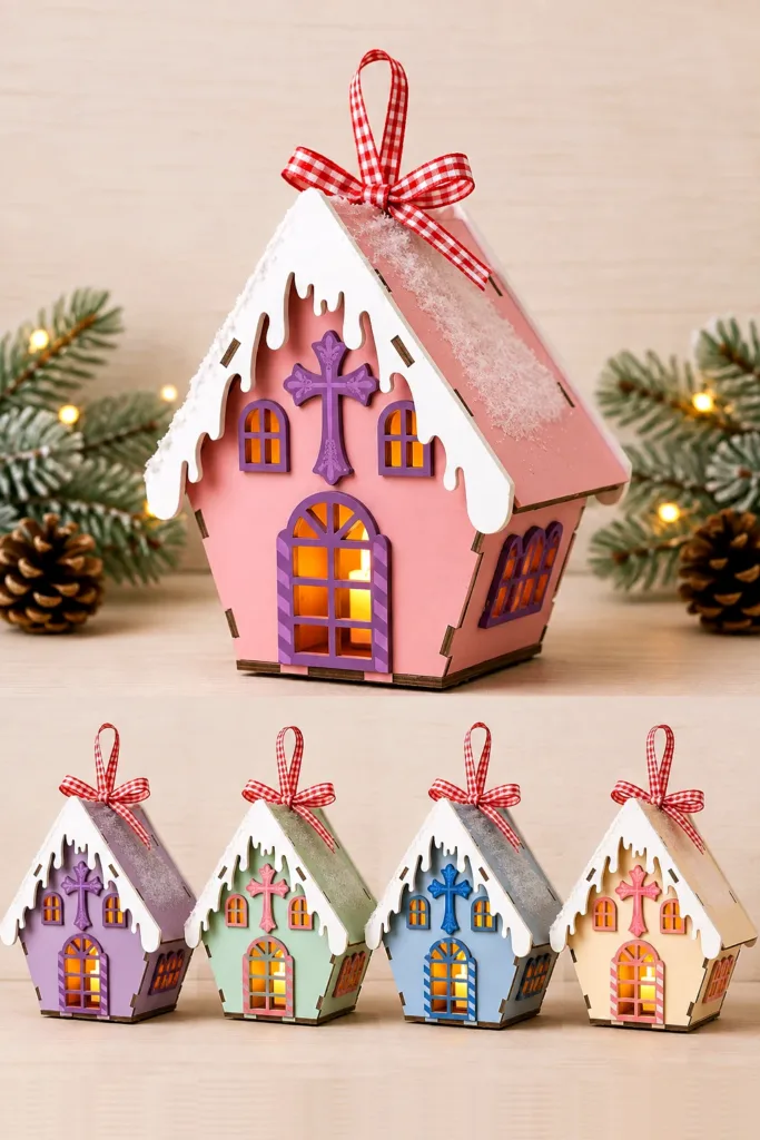 A pink wooden chapel ornament with a cross over the lit arched door, with four more colourways below, free laser cut SVG from svgdiy.com