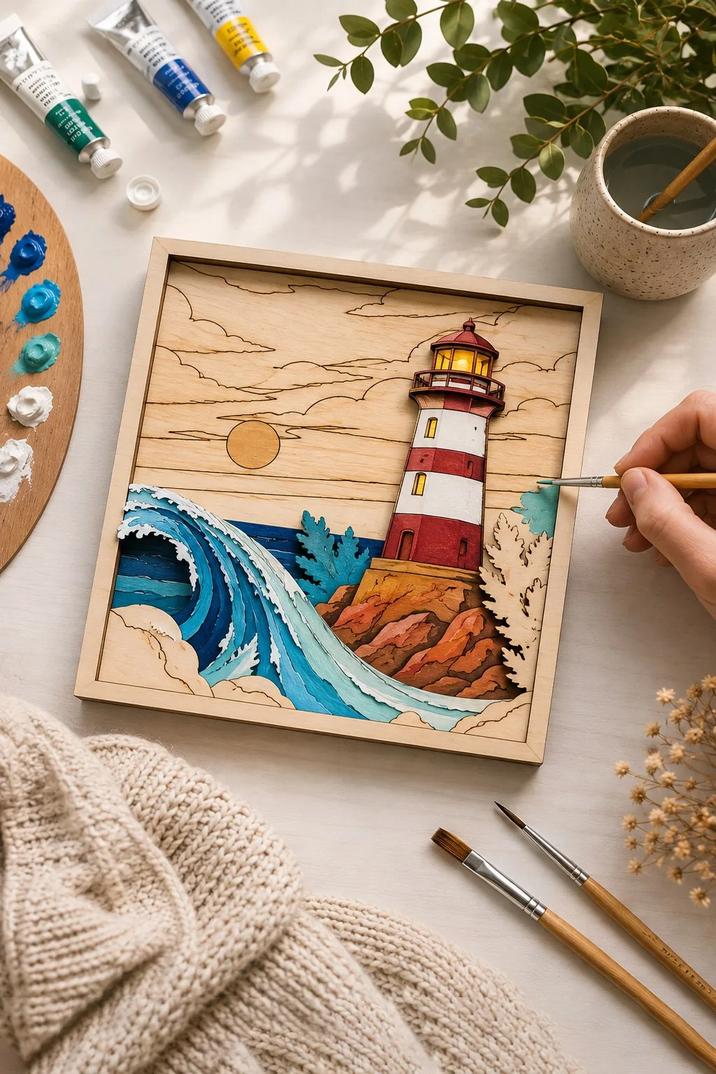 Layered wooden panel with a red and white lighthouse on a rock above blue waves, being painted with a brush, free laser cut SVG from svgdiy.com