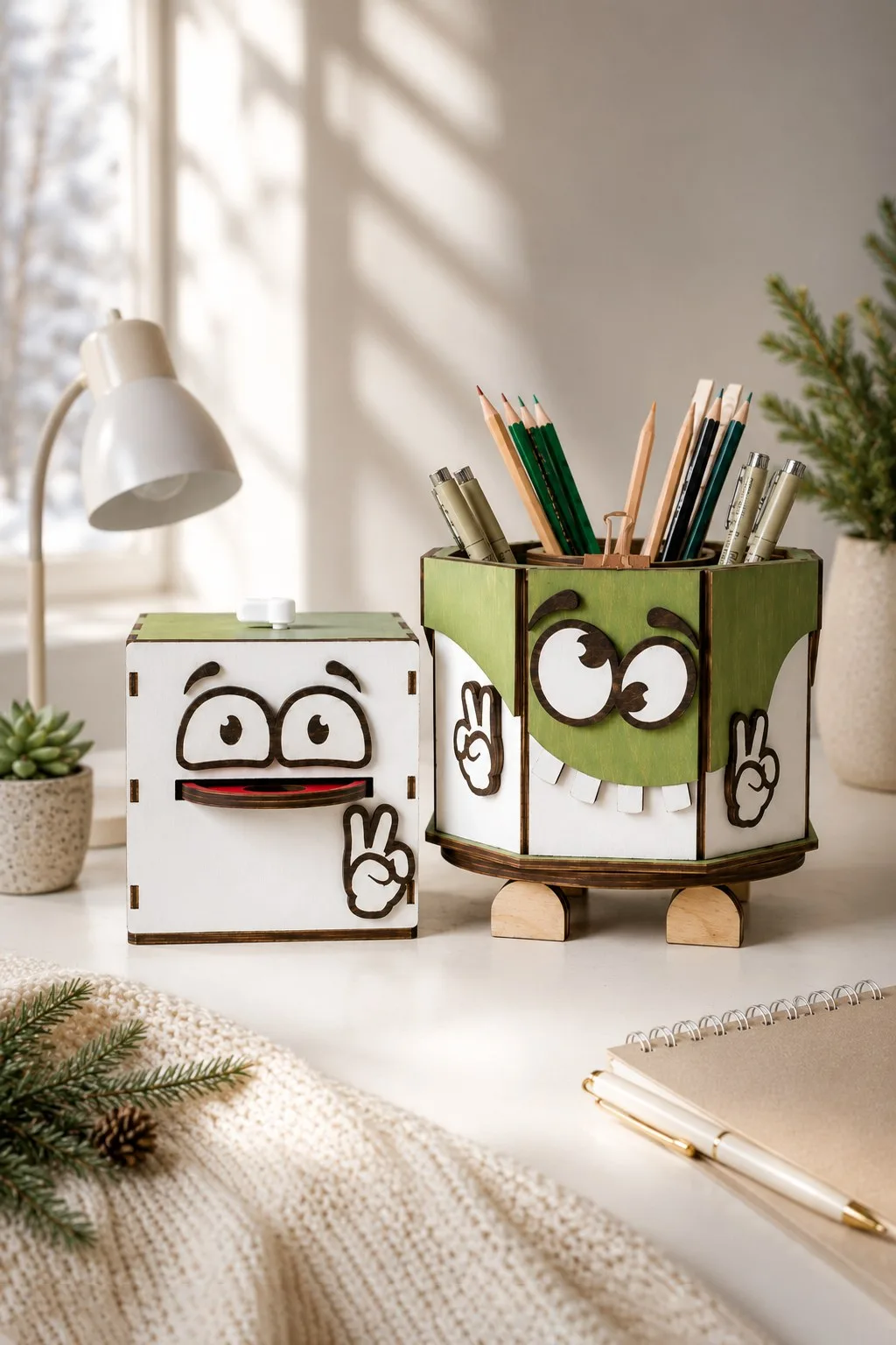 Cube and Round Pencil Holders With Faces — SVG laser cut file
