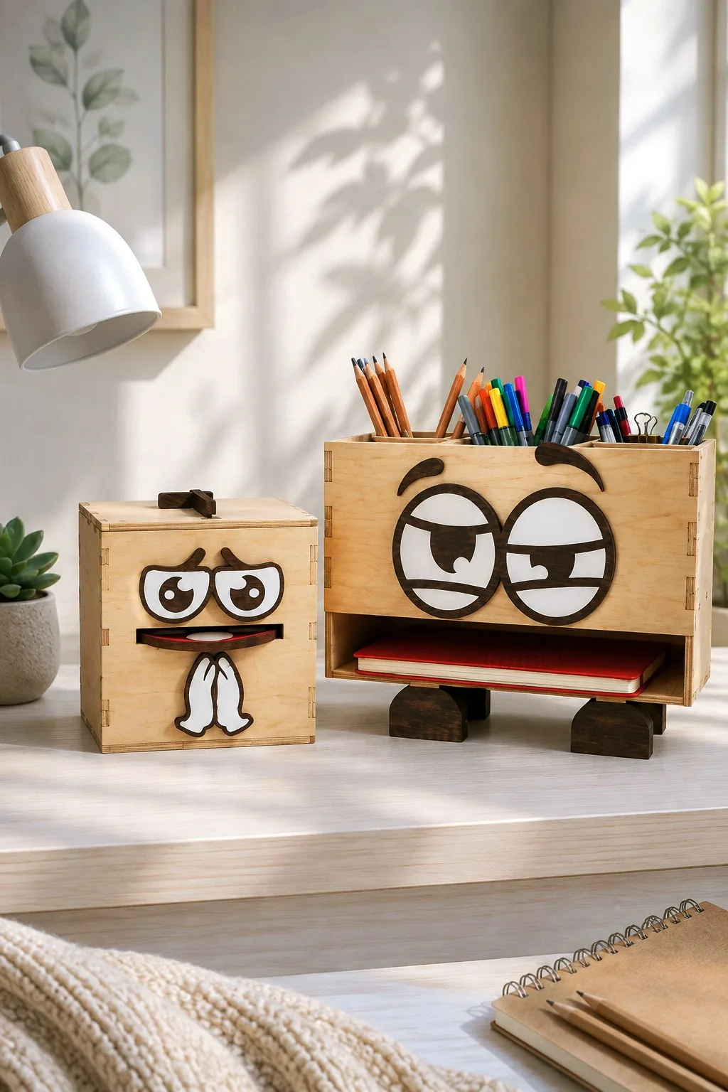 Wooden desk box with sleepy eyes and hands under its chin beside a wide pencil holder with a grinning face and little feet, free laser cut SVG from svgdiy.com