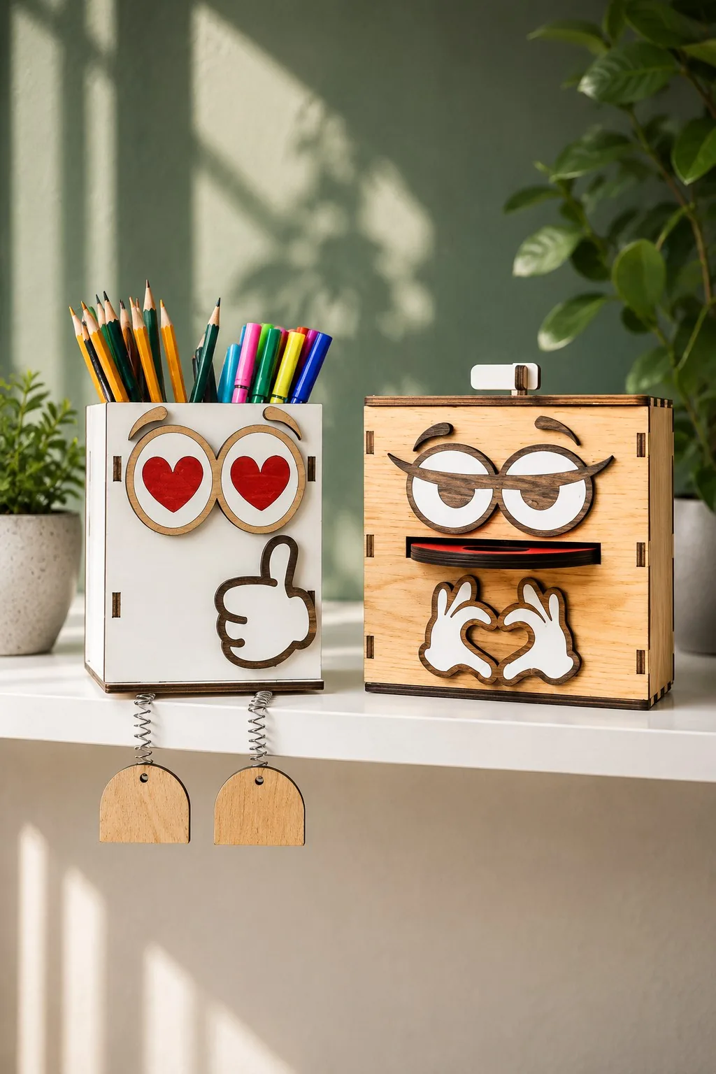 White pencil holder with heart eyes, a thumbs-up and dangling spring legs next to a wooden box with sly eyes and heart hands, free laser cut SVG from svgdiy.com