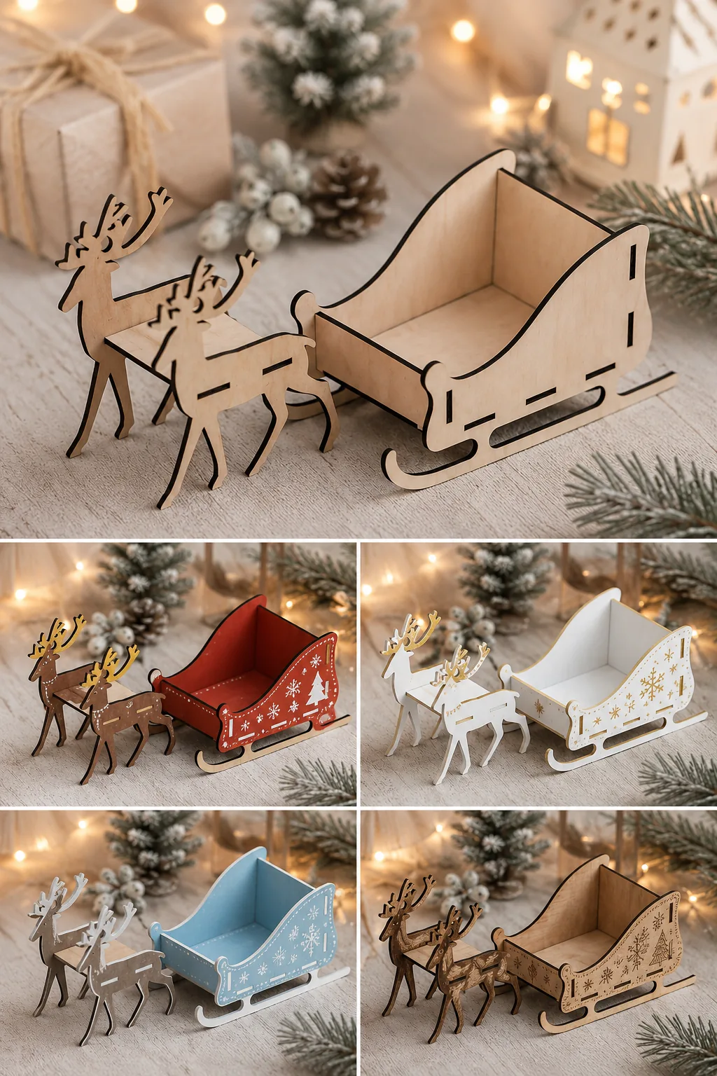 The same 3D wooden Santa sleigh and two reindeer in bare plywood on top, and painted four ways below: red, white with gold, blue and natural with engraving, free laser cut SVG from svgdiy.com