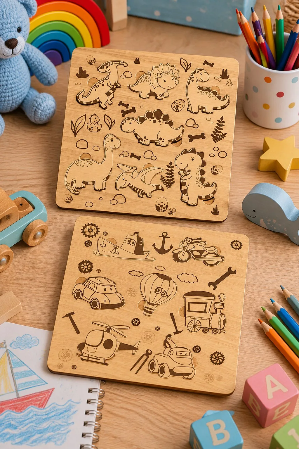Two wooden puzzle boards side by side, one with dinosaurs and one with cars, a helicopter, a train and a hot air balloon, free laser cut SVG from svgdiy.com