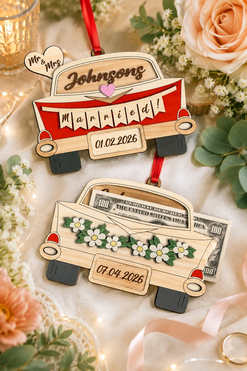 Just Married Car Money Holder Ornament — SVG laser cut file