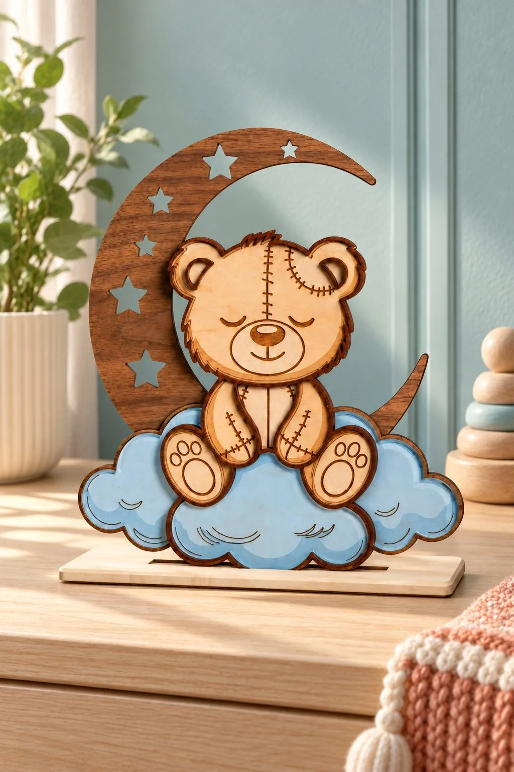 Teddy Bear on Cloud and Moon Nursery Decor — SVG laser cut file